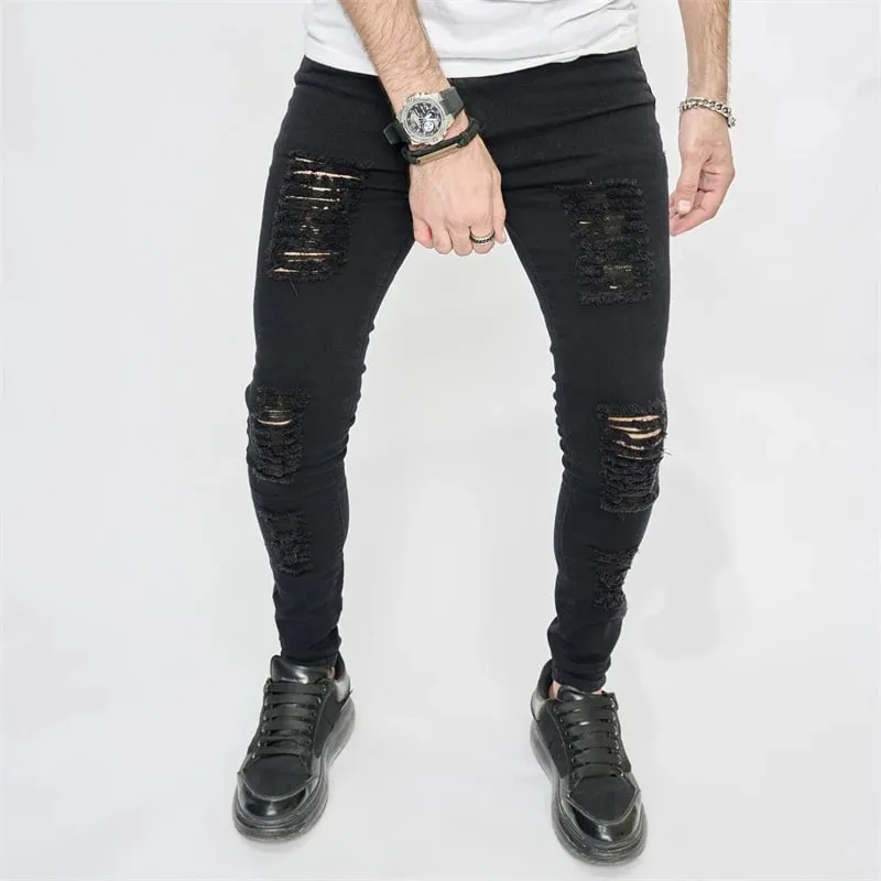 Black Skinny Stretch Ripped Jeans Men's Slim Distressed Kpop Y2K Hip Hop Rock Pants Street Style Ripped Stretch Denim Trousers — image 2