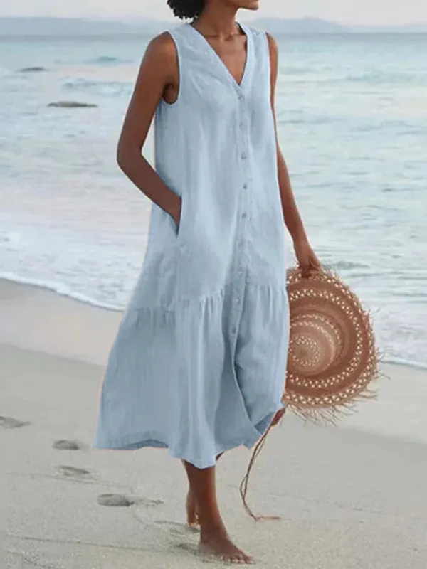 Verão solto casual retalhos algodão linho pocktes vestido com decote em v estilo praia vestido sem mangas vintage clube midi sólido vestido feminino — image 6
