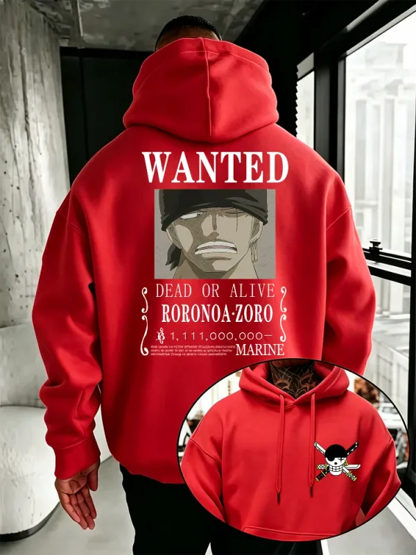 Bandai One Piece Mens Hoodie New Autumn Winter High Quality Warm Pullover Featuring Zoro Wanted Poster Print Casual Style — image 8