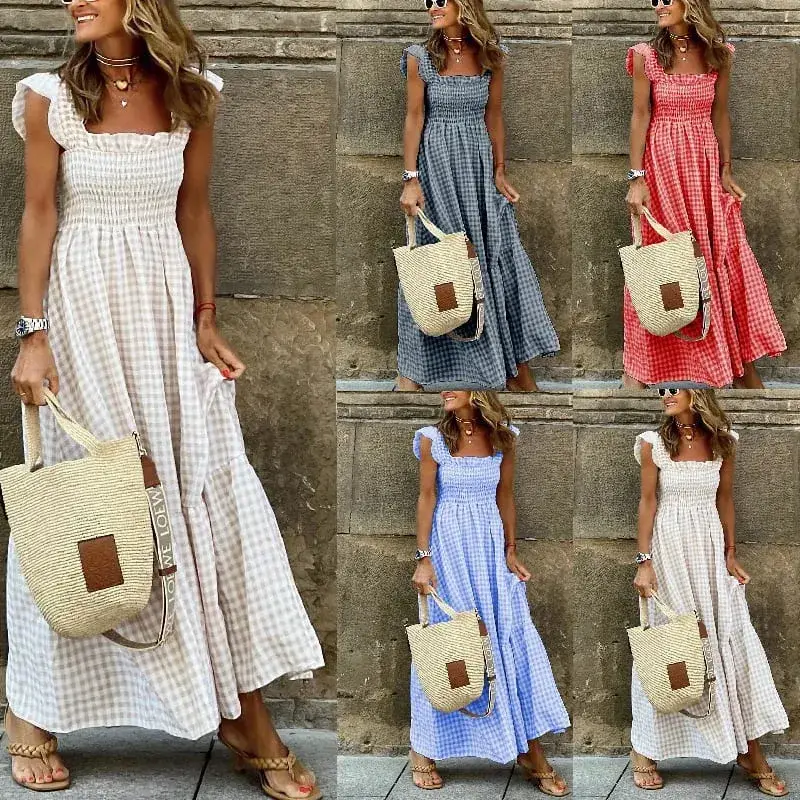 Elegant Temperament Plaid Patchwork Slip Boho Dress Summer Ruffle Backless Pleated Elastic Waist Swing Loose Party Dresses — image 7