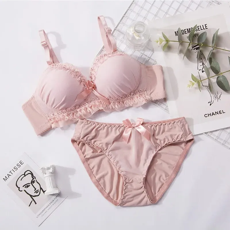 Women Lingerie Set Soft Memory Wire Ruffle Lace Bow Decor Intimate Underwear Suit No Pads Thin Breathable Adjustable Straps — image 4