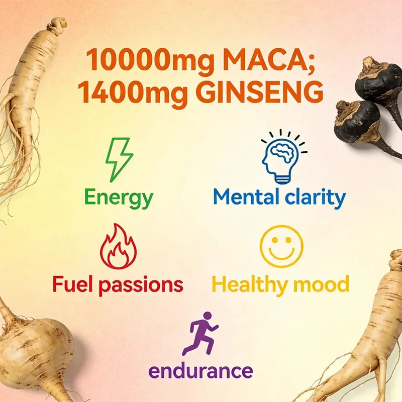 Maca Root Capsules with Ginseng - Promote Energy Mood Stamina & Performance Supports Mental Health for Men and Women