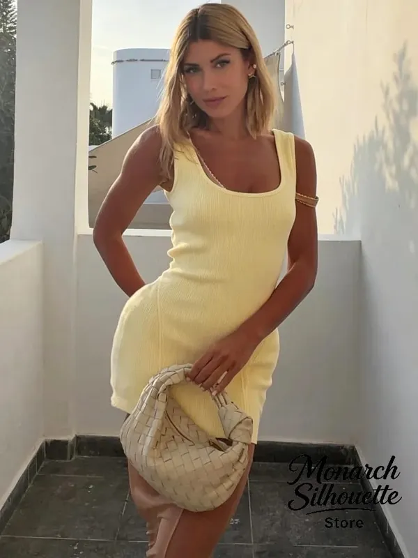 Sólido malha u pescoço malha mini vestido feminino chique sem mangas com nervuras tanque minimalista magro vestidos curtos senhora clube 2026 vestido de chegada — image 6