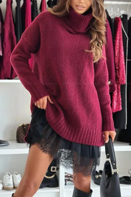 Novo vestido feminino 2 peças camisola de malha gola alta renda solta moda ombro gota manga longa mini saia feminina — image 5