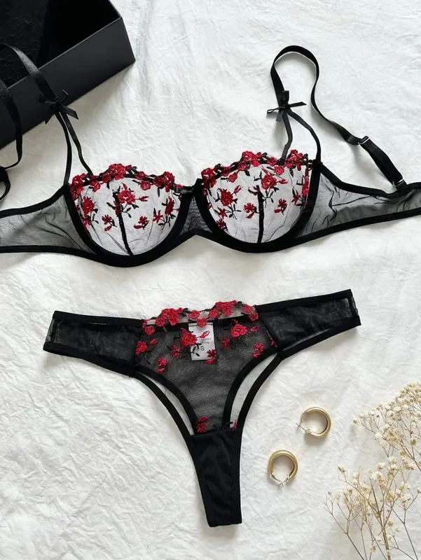 Lingerie feminina noite linda sexy feminina 2 peças floral bordado roupa interior lingerie erótica conjunto conjuntos de mujer — image 4