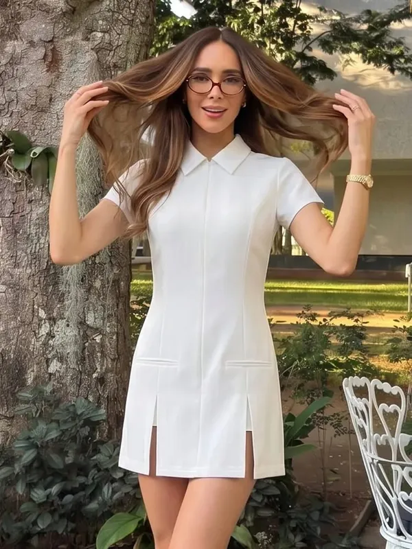 HH Summer Elegant Women Office Pleated Shirt Dress Short Sleeve Dresses Turn Down Collar Zipper Front Y2K Party Slim Mini Dress