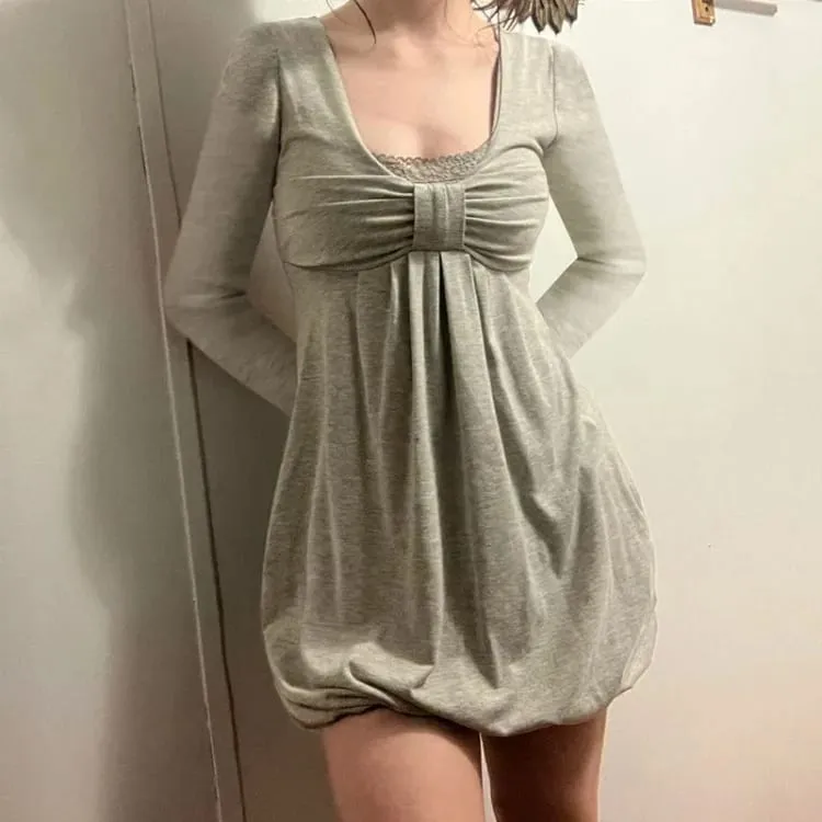 Elegant Sweet Bow Patchwork Fake Two Piece Dresses Sexy Square Collar Dress para sa Babae Long Sleeve Loose Vestidos Femininos — image 3