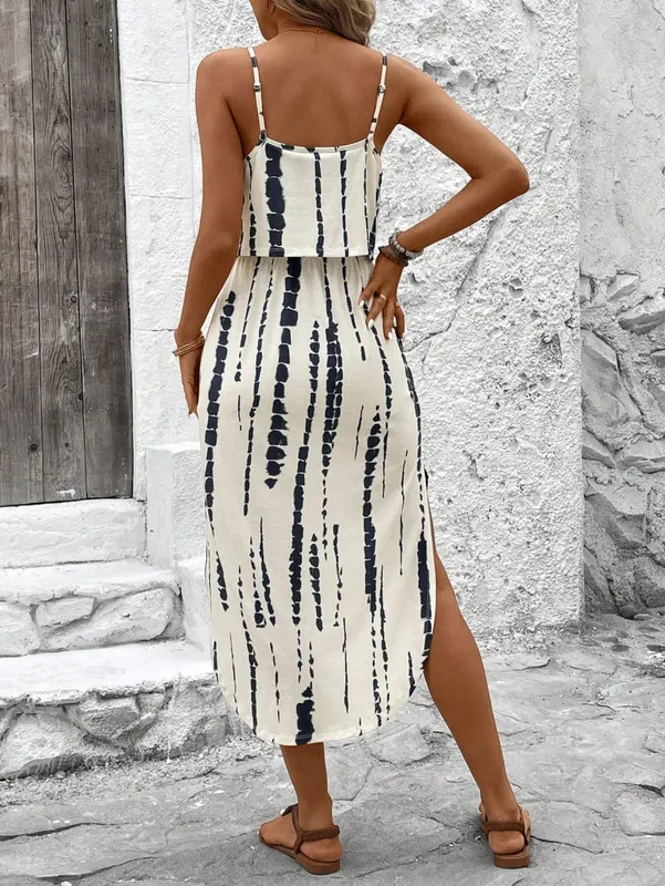 Pambabaeng Summer Spaghetti Strap Dress na may Belt at Side Slit - Casual Sleeveless Flowy Dress — image 3