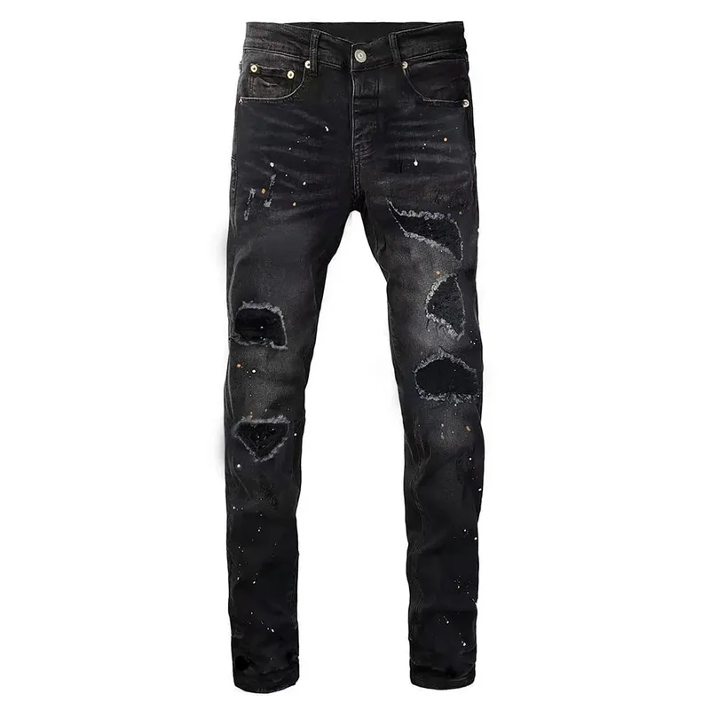 Men Holes Ripped Denim Jeans Streetwear Slim Tapered Stretch Pants Painted Black Trousers