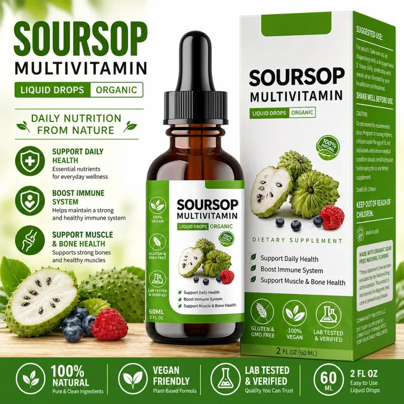 Suplemento à base de plantas de extrato de ervas em gotas líquidas de graviola com mistura de frutas e folhas de graviola, fórmula diária de bem-estar vegano — image 1