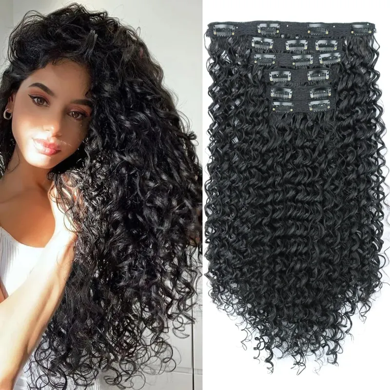Synthetic 26Inch Kinky Curly 16 Clip In Hair Extensions Black Brown Full Head Fake Pieces Kinky Curly Hair Extensions