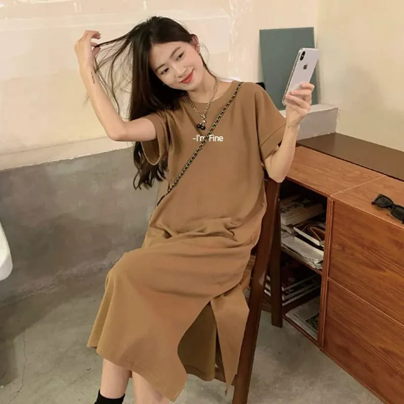 Women Korean Loose T-shirt Dress Summer Letter Print Split Midi Dress O Neck Short Sleeve Casual Lazy Long Dress