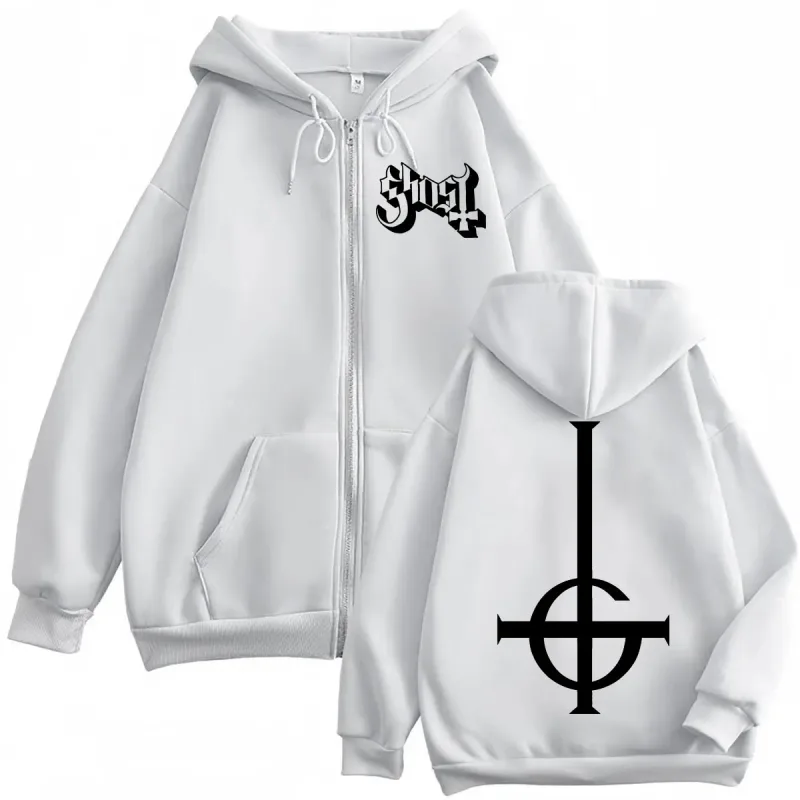 Venda quente Ghost Rock Band Logotipo Zíper Moletom Com Capuz Masculino Feminino Moda de Alta Qualidade Zip Up Moletons Casual Solto Pulôveres de Lã — image 7