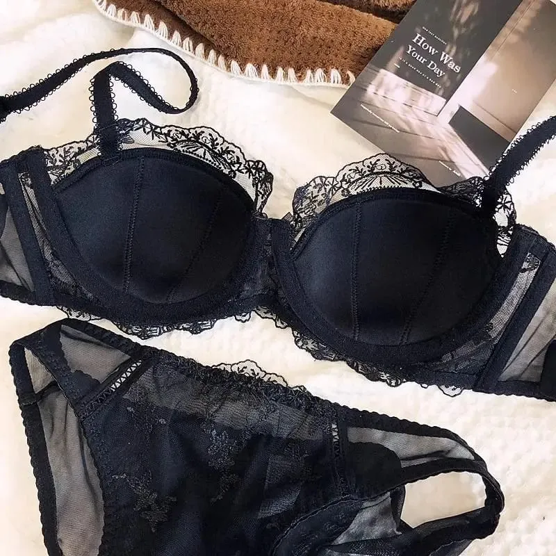 French Embroidered Lace Lingerie Two-Piece Set Lightweight Breathable Soft Underwired Bra with Light Support for Smaller Busts — image 3