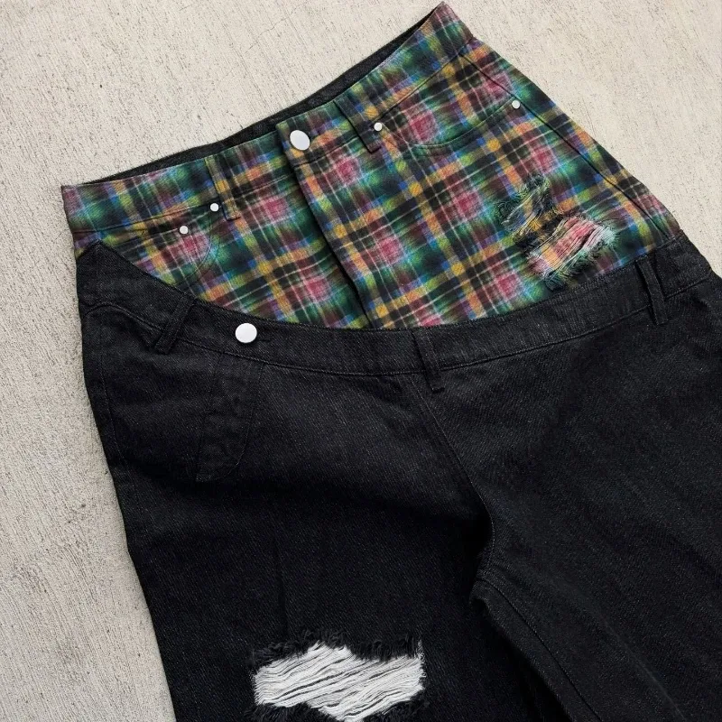 Y2k Harajuku Baggy Jeans Retro Plaid Patchwork Men And Women Wide Leg Pants American Hip Hop Streetwear Casual Jeans — image 4