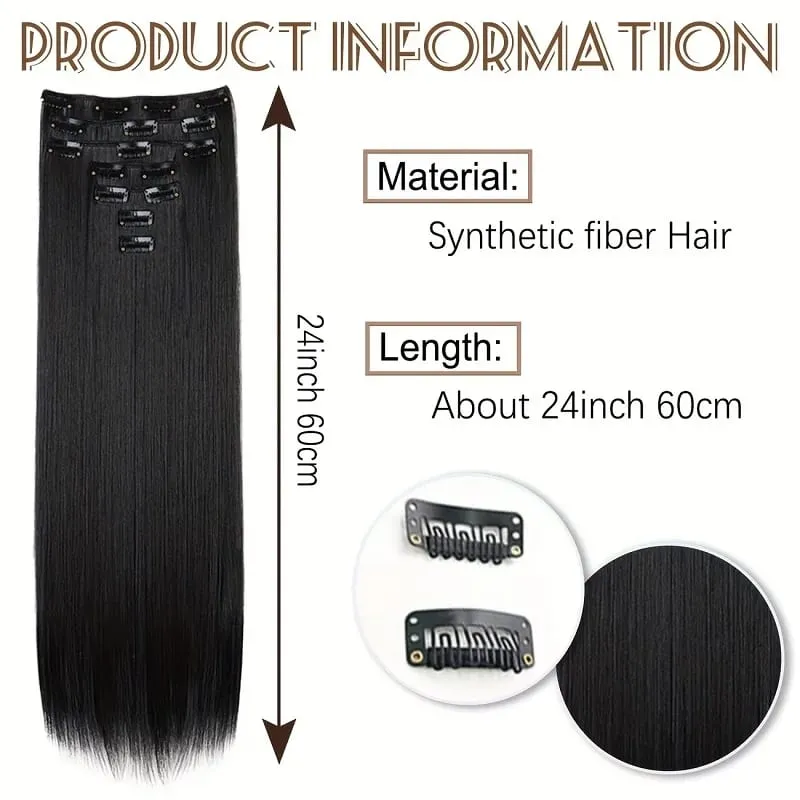 24Inch Synthetic 7pcs/set Long Straight Clip in Hair Extensions Invisible Fake Clips on Hairpieces for Women Party Daily Use