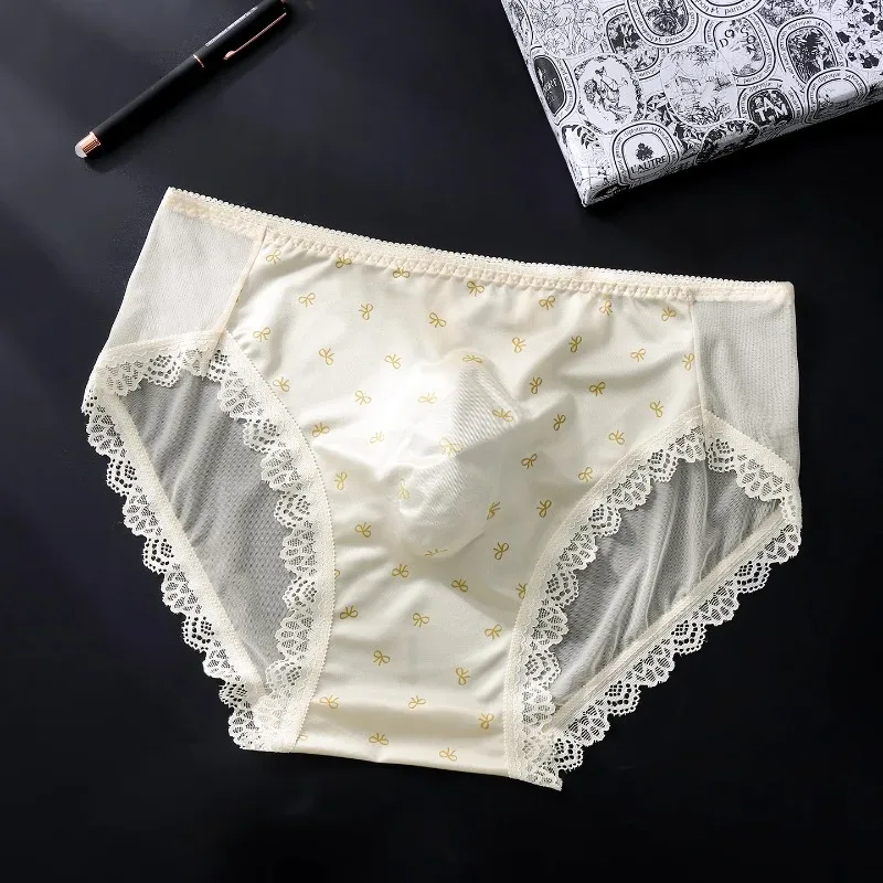 Calcinha de cetim sissy masculina, tamanho grande, sexy, renda transparente, lingerie brilhante, cintura média, laço em u, bolsa convexa — image 1