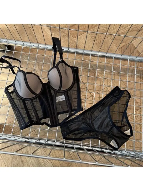 French Long Fishbone Mesh Patchwork Bra Set Slim Shaping Chest Lift Up Sexy Lingerie Outfit Soft Kumportable Underwear S-XL Suit — image 4