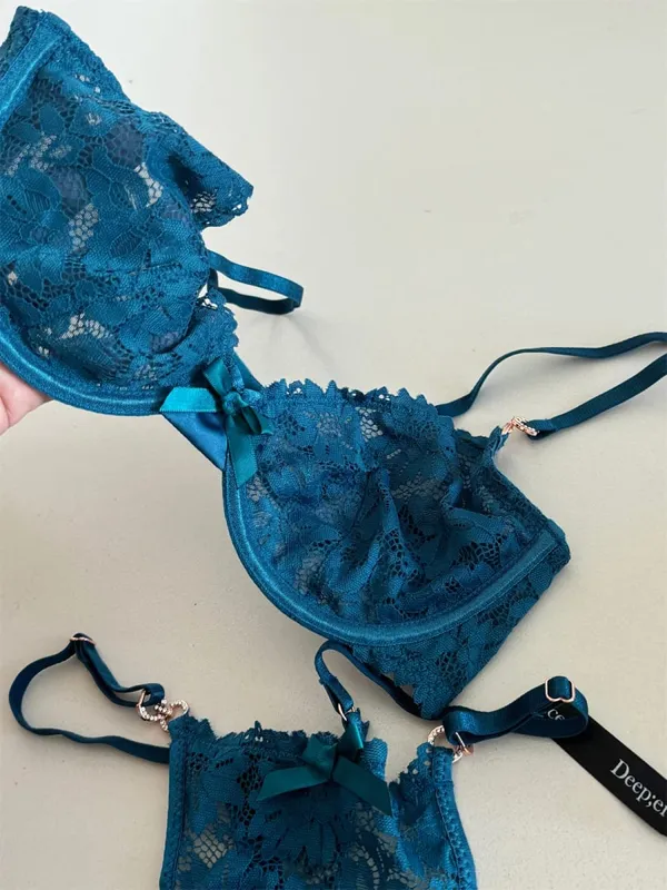 Charming niche satin treasure blue lingerie lace sexy thin steel ring top support natipon bra set women underwear — image 5
