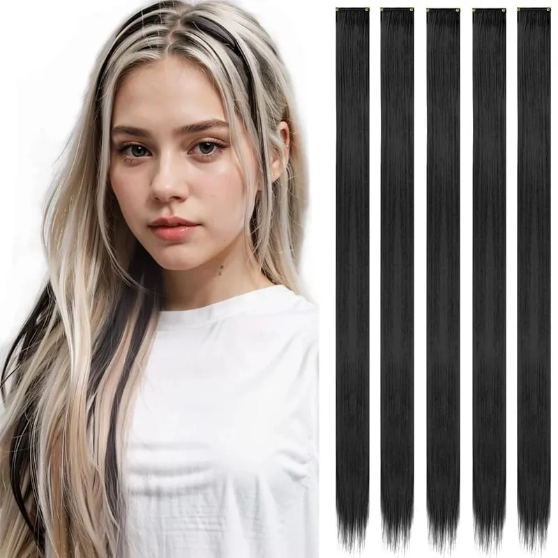 24'' 5Pcs Straight Synthetic Hair Pieces Clip In Hair Extensions Black Colored Hair Clips Women Halloween Cosplay Hairstyle