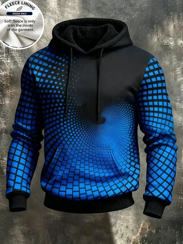 3D Print Fleece Hoodie Blue Spiral Grid Optical Illusion Pullover Long Sleeve Kangaroo Pocket Casual Sweatshirt Tops — image 3