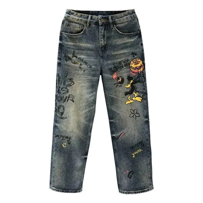 Spring and Autumn New Fashion Trend Print Straight Elastic Denim Pants for Men Casual Loose Retro Sport High-Quality Denim Jeans — image 6
