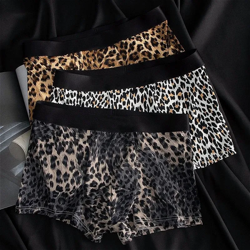 Mens Ice Silk Underwear Shorts Convex Pouch Flat Boxers Leopard Quick Dry Male Underpants Seamless Breathable Swimming Trunks