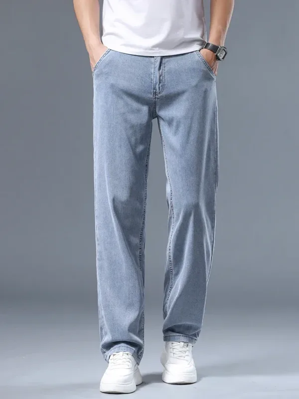 Summer Thin Men's Loose Straight Jeans Lyocell Soft Drape Business Casual Trousers Smoke Gray Ice Silk Pants Plus Size 40 42
