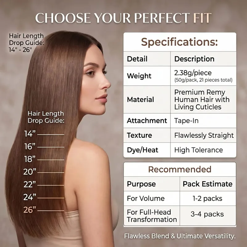 22 24 Inch 4A Medium Brown Tape In Hair Extensions Human Hair Seamless Invisible 21Pcs/Pack 50g Remy Colored Straight Brazilian 100% Pure Human Hair For Women — image 9