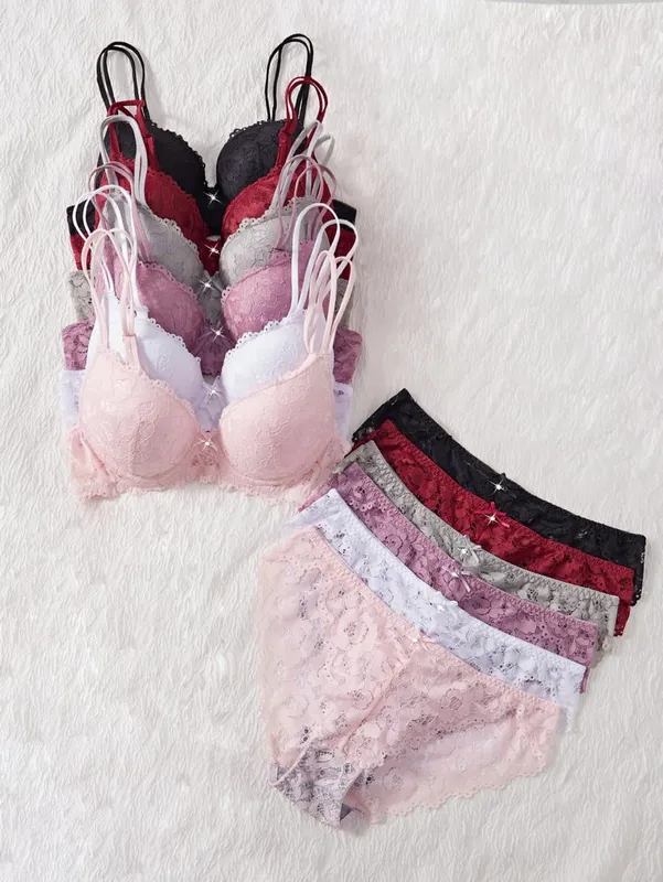 6-Piece Set Women's Underwear Set Sexy Patterned Lace Patchwork No Lining Comfortable Fitting Women's Push-Up Bra Sexy Lingerie — image 2