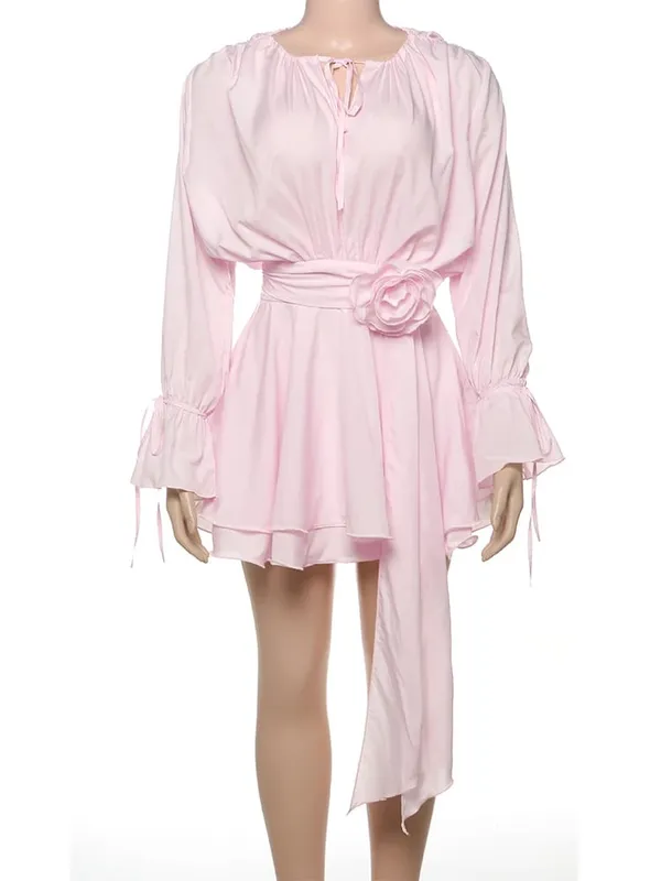 Weird Puss 3D Blomdekoration Klänning Kvinnor Y2K Sweet Style Flare Sleeve Ruched Ribbon Semestermode Elegant Mini Bodycon — image 6