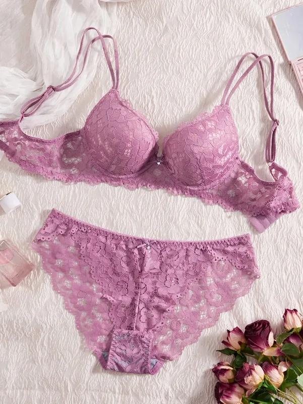 Women's Sexy Lingerie Set Lace Patchwork Solid Color Bowknot Rhinestone Embellished Push-Up Double Shoulder Strap Unlined Comfortable Underwear Lace Semi-Transparent Breathable Panties — image 9