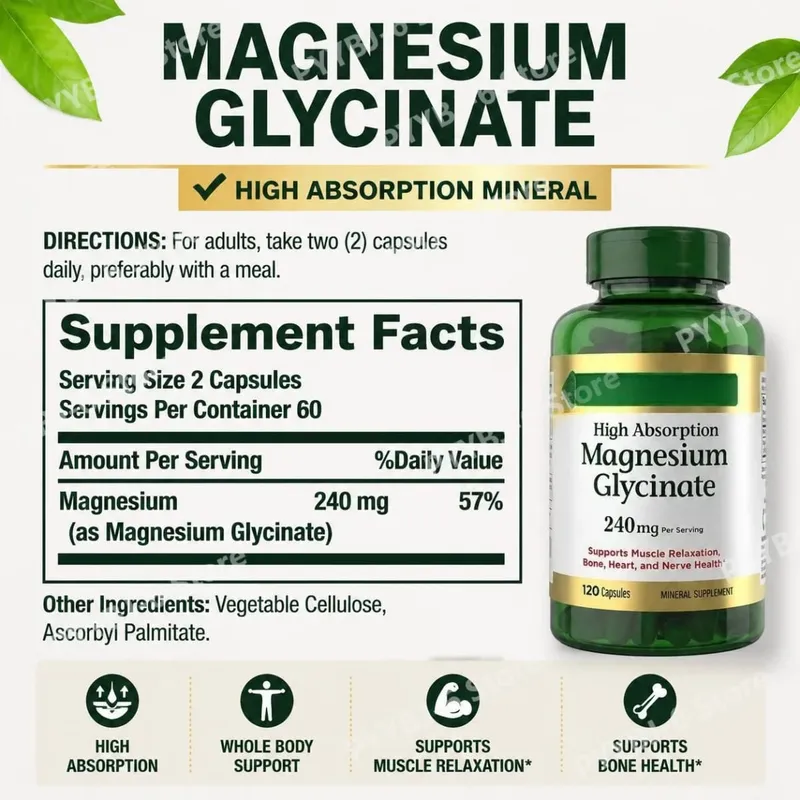 Magnesium Glycinate Capsules High Absorption Supports Muscle Relaxation Supports Bone Health 120 Capsules for Adults — image 2