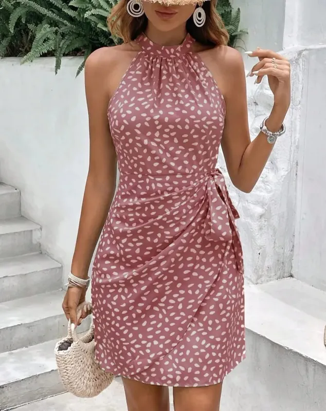 Solid Colored Polka Dot Mini Dresses Pambabaeng Camisole na walang manggas na Lace Up na Dress ng Summer Vacation Party Dress Robe — image 4