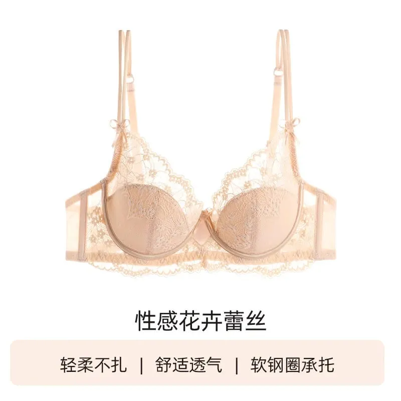 Ladies Pink Lace Lingerie Set Full‑Coverage Thin Minimizer Bra Push Up Anti‑Sag Support Underwear For Big Bust Daily Soft Outfit