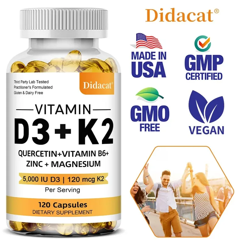 Suplemento dietético de vitamina D3 + K2 - Suporte à saúde óssea e cardíaca ajuda a regular o metabolismo do cálcio - 120 Cápsulas gelatinosas — image 1