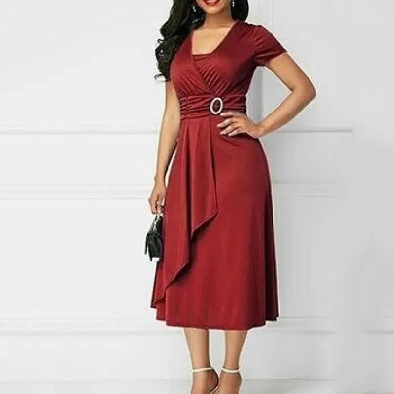 We.Fine Dress Women Solid Color Short Sleeve V Neck Asymmetric Hem Waist Midi Party Dress Elastic Female Dresses Woman Vestidos — image 6