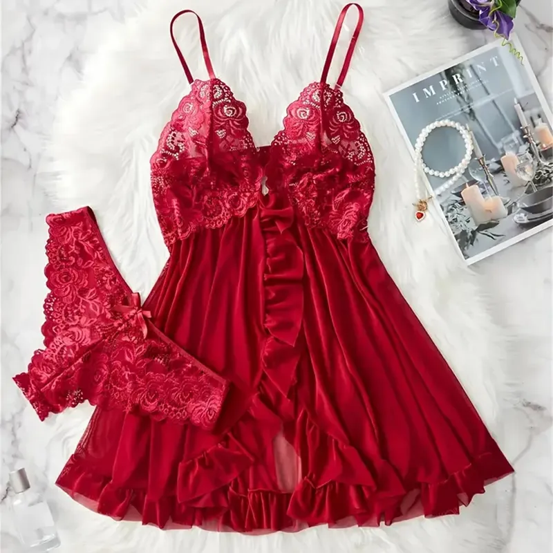 Novo azul contraste renda plissado guarnição lingerie conjunto profundo v vestido e tanga sexy roupa interior feminina sutiã oco calcinha estilingue — image 3