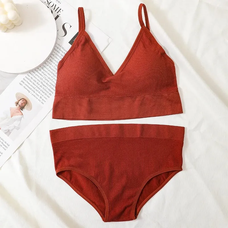 Mulheres sutiã e calcinha conjunto de sutiã de volta baixa cintura alta briefs feminino lingerie sexy conjunto fio livre sutiã sem costura topo de colheita — image 2
