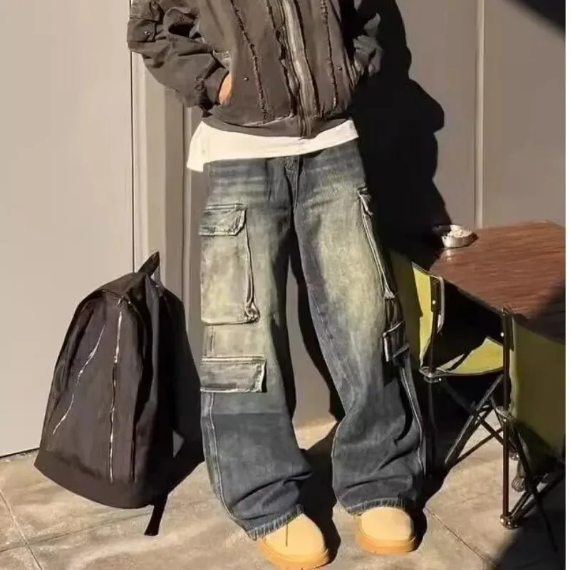 Men's Jeans Loose Fit Cargo Straight Leg Pants Vintage Wash Work Pocket Denim Trouser Man Pants Autumn Retro Streetwear — image 4