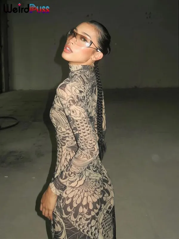 Weird Puss Mesh Print Women Maxi Dress Turtleneck Full Sleeve Bodycon Autumn Trendy Hipsters High Street Party Y2K Attirewear — image 6
