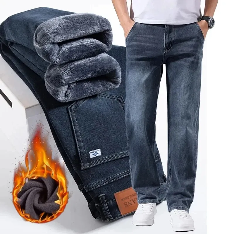 Winter Fleece Men Jeans Thick Stretch Business Casual Trousers Classic Loose Straight Warm Velvet Denim Pants Office Daily Wear — image 1