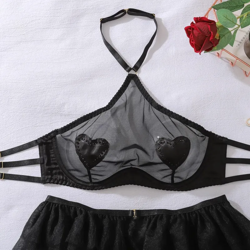 New Fashion Mesh See Through Halter Neck Lingerie Set Women Sexy Perspective Three-point Style with Stockings Shaping Split Set — image 4