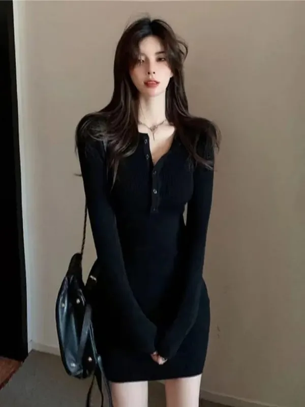 Outono inverno mini vestido feminino com decote em v botão sexy camisola elegante bodycon vestidos de manga longa robe saia curta cintura sólida — image 5