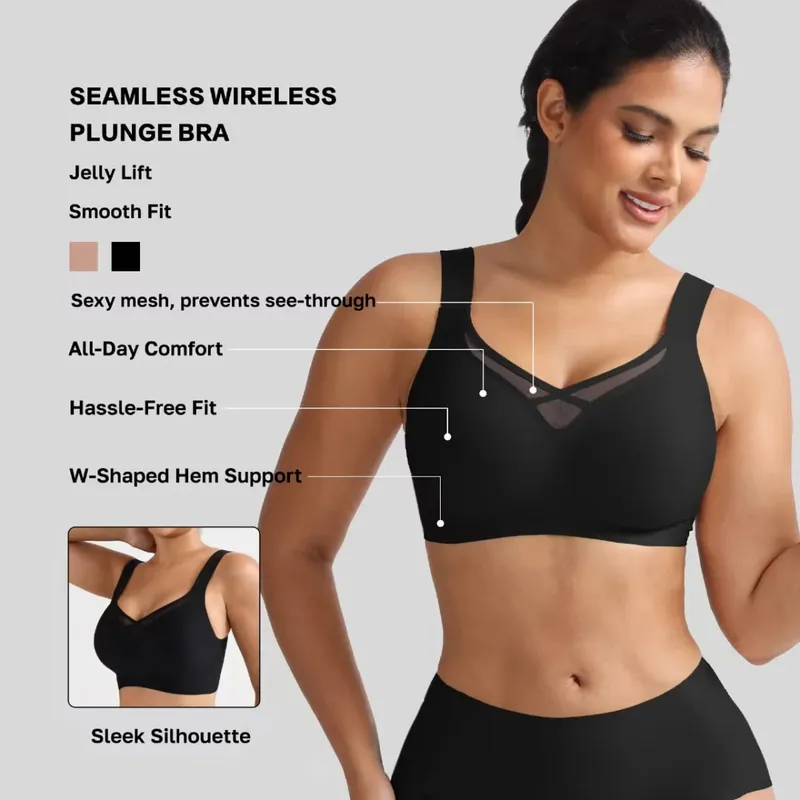 Plus Size Lingerie Set Sexy Mesh Seamless Wireless Plunge Bra Set - Soft Support Push up Lingerie for Women — image 3