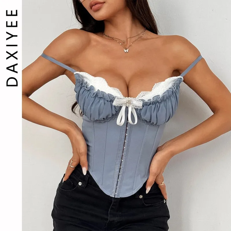 Sexy V Neck Y2K Crop Tops Lace Patchwork Pleated Bowknot Corset Top Sexy Backless Slim Camisole Body Shape Fishbone Bustier — image 2