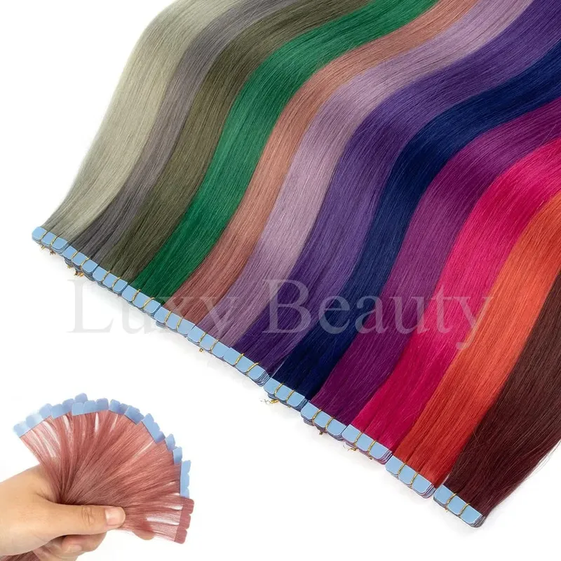 Colored Blue Mini Tape in Human Hair Extensions Invisible Seamless Tape in Hair 10pcs Pink Red Green Purple Blue Mini Tape Hair — image 2