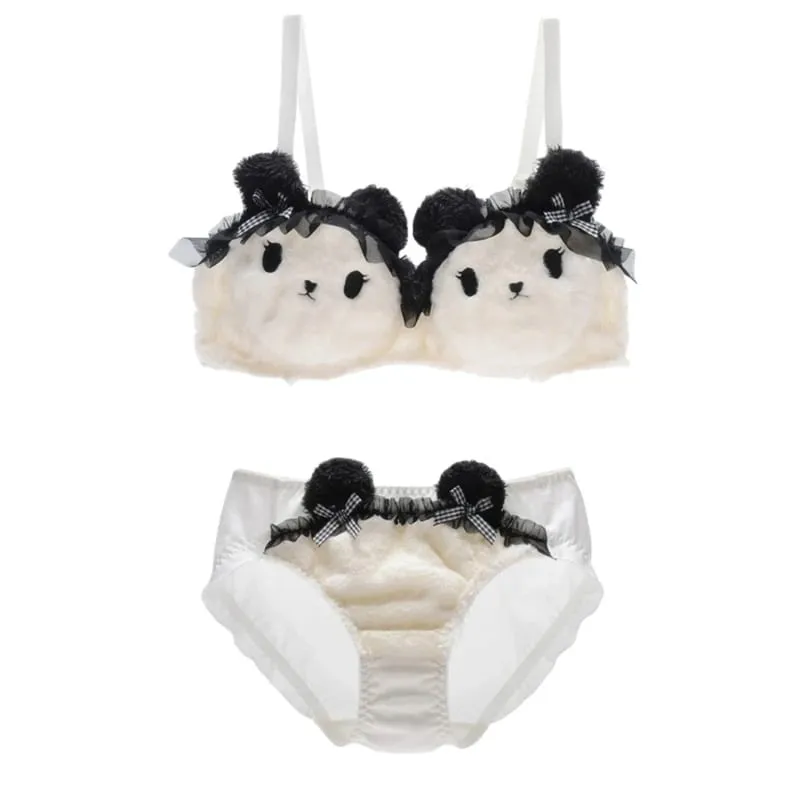 Conjunto de calcinha e sutiã de pelúcia peludo feminino, estampa de panda de desenhos animados, lingerie de inverno, menina escolar, anime japonês, roupa íntima cosplay — image 18