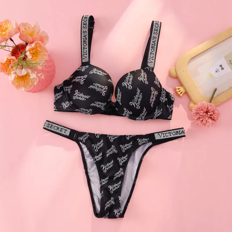 Victoria's Secret Rhinestone Logo Shoulder Straps Lace Underwear Sexy Lingerie Set Push Up Bra at Panties Set Para sa Babae — image 6