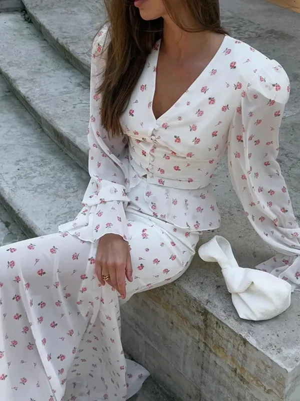 White Pink Floral Choker Neck Dress Women Elegant V-neck 3/4 Sleeves Peplum Ruffle Hem Long Dresses 2026 Lady Daily Vestidos New — image 15